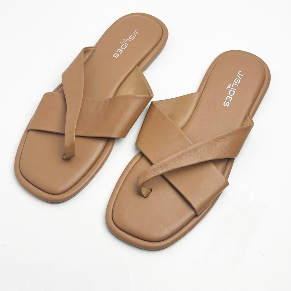 J/SLIDES Tan Leather Criss Cross Straps Slides, Size 10 - Picture 5 of 6